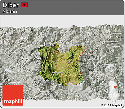 Satellite 3D Map of Dibër, lighten, semi-desaturated