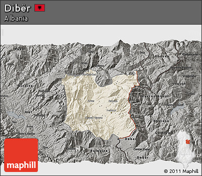 Shaded Relief 3D Map of Dibër, darken, semi-desaturated
