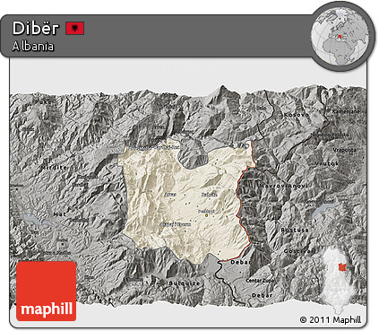 Shaded Relief 3D Map of Dibër, darken, semi-desaturated