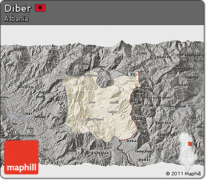 Shaded Relief 3D Map of Dibër, darken, semi-desaturated