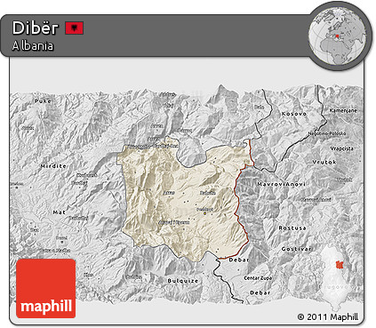 Shaded Relief 3D Map of Dibër, desaturated