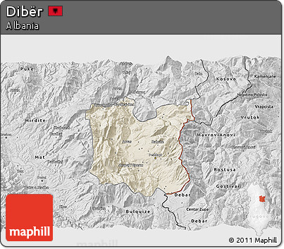 Shaded Relief 3D Map of Dibër, desaturated