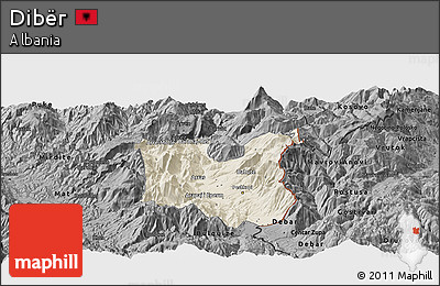 Shaded Relief Panoramic Map of Dibër, darken, desaturated