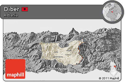 Shaded Relief Panoramic Map of Dibër, darken, desaturated