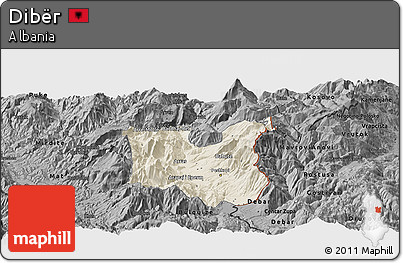 Shaded Relief Panoramic Map of Dibër, darken, desaturated