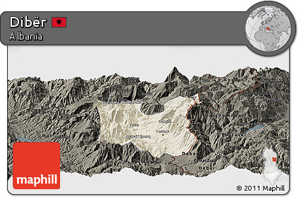 Shaded Relief Panoramic Map of Dibër, darken