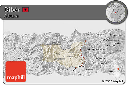 Shaded Relief Panoramic Map of Dibër, desaturated