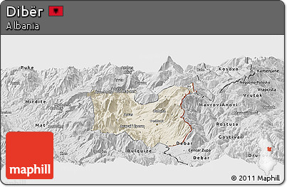 Shaded Relief Panoramic Map of Dibër, desaturated