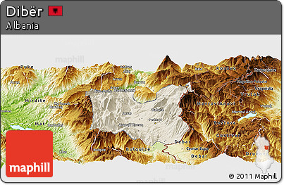 Shaded Relief Panoramic Map of Dibër, physical outside