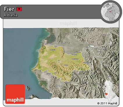 Satellite 3D Map of Fier, semi-desaturated