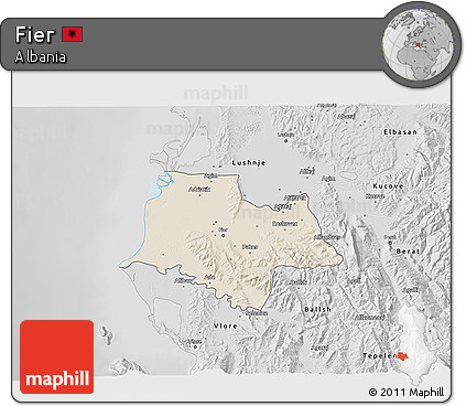 Shaded Relief 3D Map of Fier, desaturated