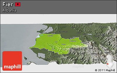 Physical Panoramic Map of Fier, darken, semi-desaturated