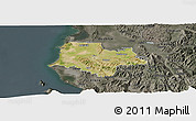 Satellite Panoramic Map of Fier, darken, semi-desaturated