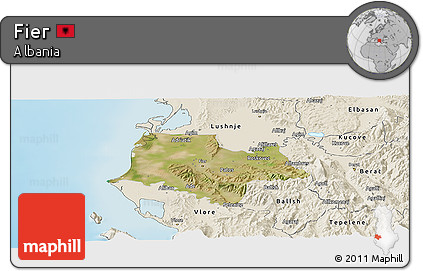 Satellite Panoramic Map of Fier, shaded relief outside