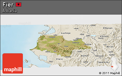 Satellite Panoramic Map of Fier, shaded relief outside