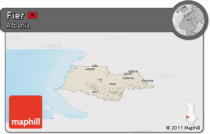 Shaded Relief Panoramic Map of Fier, single color outside
