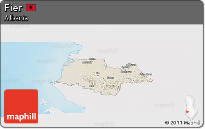 Shaded Relief Panoramic Map of Fier, single color outside