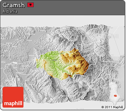 Physical 3D Map of Gramsh, lighten, desaturated
