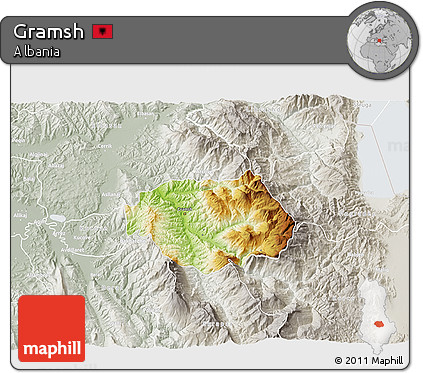 Physical 3D Map of Gramsh, lighten, semi-desaturated