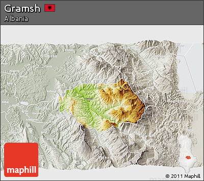 Physical 3D Map of Gramsh, lighten, semi-desaturated