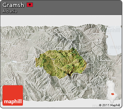 Satellite 3D Map of Gramsh, lighten, semi-desaturated