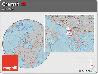 Gray Location Map of Gramsh, highlighted country, hill shading