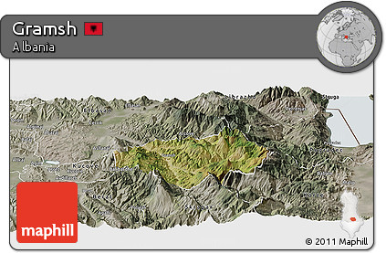 Satellite Panoramic Map of Gramsh, semi-desaturated