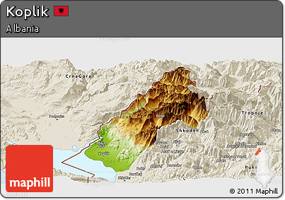 Physical Panoramic Map of Koplik, shaded relief outside