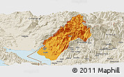 Political Panoramic Map of Koplik, shaded relief outside