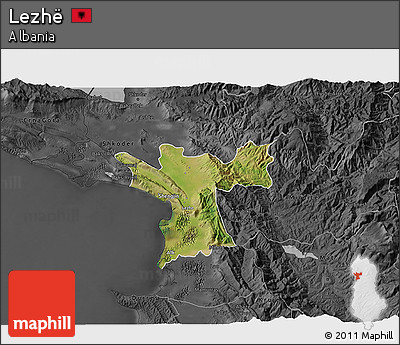 Satellite 3D Map of Lezhë, darken, desaturated