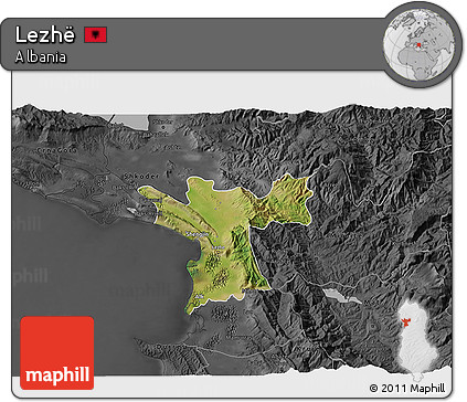 Satellite 3D Map of Lezhë, darken, desaturated