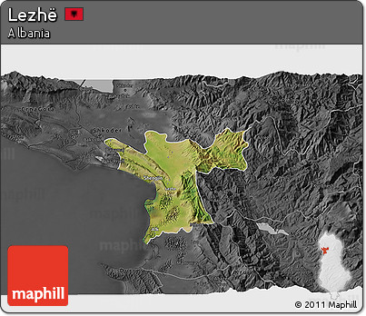 Satellite 3D Map of Lezhë, darken, desaturated