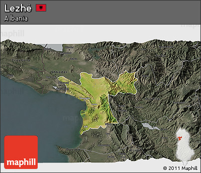 Satellite 3D Map of Lezhë, darken, semi-desaturated