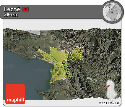 Satellite 3D Map of Lezhë, darken, semi-desaturated