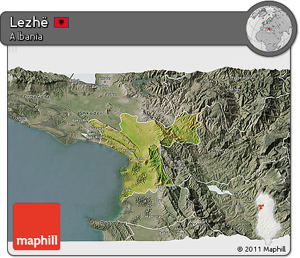 Satellite 3D Map of Lezhë, semi-desaturated