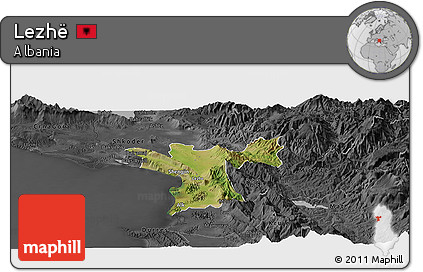 Satellite Panoramic Map of Lezhë, darken, desaturated