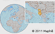 Political Location Map of Albania, gray outside, hill shading