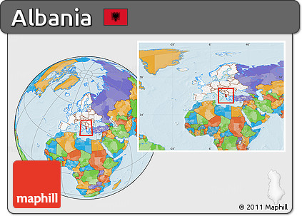 Political Location Map of Albania, highlighted continent, within the entire continent