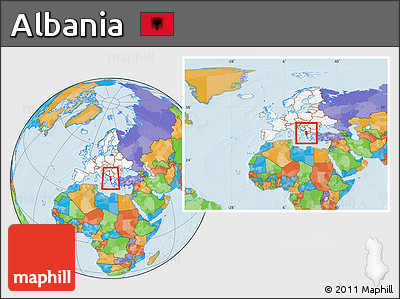 Political Location Map of Albania, highlighted continent, within the entire continent