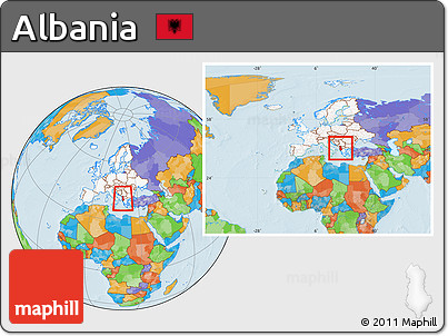 Political Location Map of Albania, highlighted continent, within the entire continent