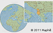Political Location Map of Albania, savanna style outside, hill shading