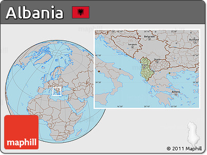 Savanna Style Location Map of Albania, gray outside, hill shading inside