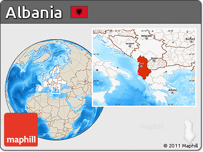 Shaded Relief Location Map of Albania, highlighted continent