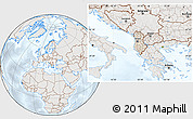 Shaded Relief Location Map of Albania, lighten, semi-desaturated