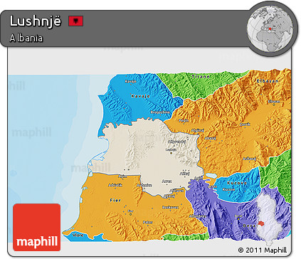Shaded Relief 3D Map of Lushnjë, political outside
