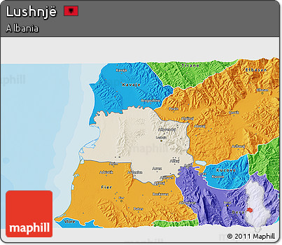 Shaded Relief 3D Map of Lushnjë, political outside
