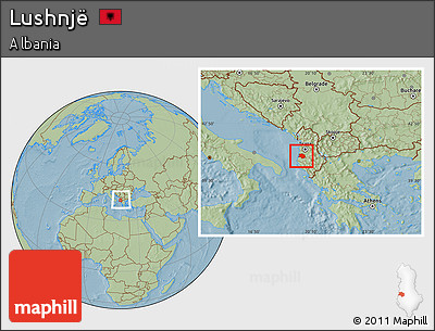 Savanna Style Location Map of Lushnjë, within the entire country, hill shading
