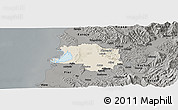 Shaded Relief Panoramic Map of Lushnjë, darken, semi-desaturated