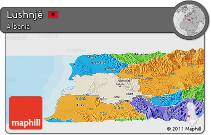 Shaded Relief Panoramic Map of Lushnjë, political outside