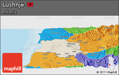 Shaded Relief Panoramic Map of Lushnjë, political outside